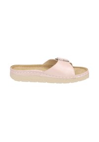 Pink slide sandal with cross-strap design, textured upper, and a decorative buckle. Soft insole and light-colored rubber sole provide comfort.