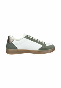 White and olive green sneakers with a textured suede finish, featuring a smooth leather upper, chocolate brown accents, and a gum sole.