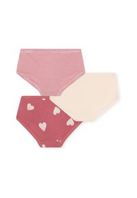 Três pares de boxers para crianças: um riscado em vermelho, um liso em rosa com corações brancos e um liso em creme. Todos são de algodão macio com elásticos.