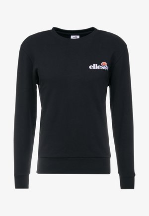 Svart hettegenser laget av bomull med lange ermer, rund hals, ribbede mansjetter og nederkant, med en hvit brodert logo på forsiden.