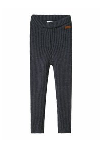 Leggings per bambini in maglia a coste grigia scura con elastico in vita e piccolo etichetta del marchio marrone sull'anca, mostrati distesi.