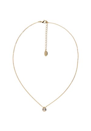 Delicata collana con catena d'oro e piccolo ciondolo a forma di goccia di cristallo, con chiusura regolabile e prolunga a catena.