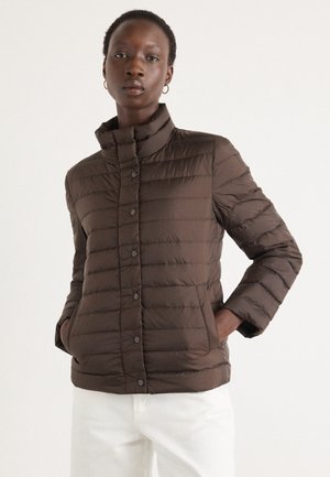 Brown puffer jacket with a stand collar, horizontal quilted design, and snap buttons. Features side pockets and a smooth texture.