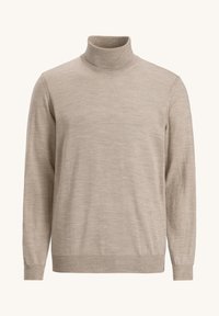 Beiger Rollkragenpullover mit langen Ärmeln, aus strukturierter Strickware gefertigt. Verfügt über einen taillierten Kragen und gerippte Bündchen.