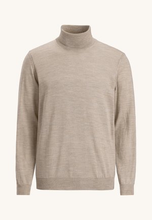 Beige turtleneck sweater with long sleeves, made from textured knit fabric. Features a fitted collar and ribbed cuffs.