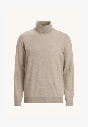 Beige coltrui met lange mouwen, gemaakt van een textuur van brei-stof. Heeft een aansluitende kraag en geribde manchetten.