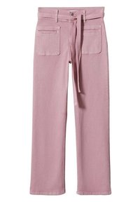 Różowe bawełniane spodnie z prostą nogawką, wysokim stanem, zapięciem na guziki z przodu i paskiem wstążkowym. Posiadają dwie tylne kieszenie oraz subtelne detale przeszycia.
