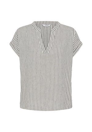 Blouse à manches courtes, gris clair, avec de fines rayures verticales noires et un col en V avec un petit col montant.
