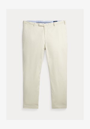 Pantaloni bărbătești bej, cu croială slim, cu bucle pentru curea, buzunare frontale, fermoar și etichetă Polo în interiorul taliei.