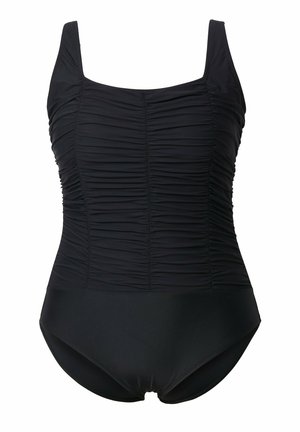 Traje de baño de una pieza negro con tirantes anchos y detalles fruncidos en el torso y los lados, parte inferior lisa.