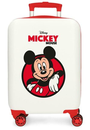 Maleta blanca y roja con asa y ruedas rojas, con la imagen sonriente de Mickey Mouse dentro de un círculo rojo y el texto "Mickey Mouse" arriba.