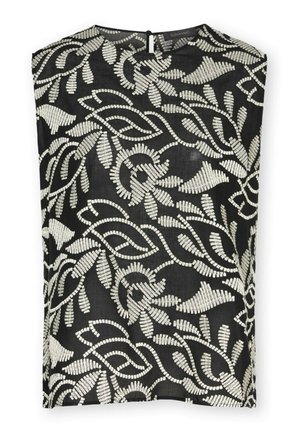 Schwarzes ärmelloses Oberteil mit kunstvollem weißem Blatt- und Blumenstickerei-Muster, rundem Ausschnitt und Rückenknopfverschluss.