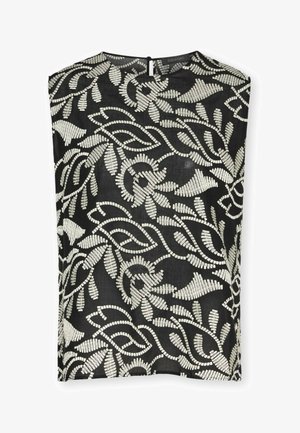 Czarny top bez rękawów z misternym białym haftem w liście i kwiaty, okrągłym dekoltem i zapięciem na guziki z tyłu.