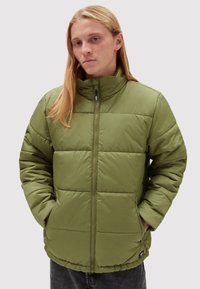 Chaqueta acolchada verde con cuello alto, paneles cosidos en vertical, puños elásticos y bolsillos laterales. Textura suave con un corte relajado.