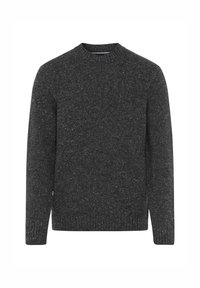Dunkelgrauer gestrickter Pullover mit Rundhalsausschnitt und gerippten Bündchen, der eine gesprenkelte Textur und einen entspannten Schnitt aufweist.