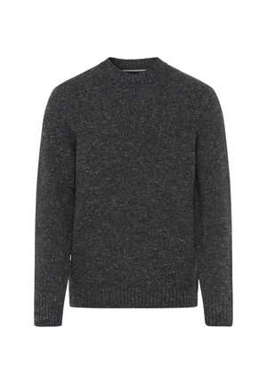 Mørkegrå strikket sweater med rund hals og ribbede manchetter, der har en spraglet struktur og et afslappet fit design.