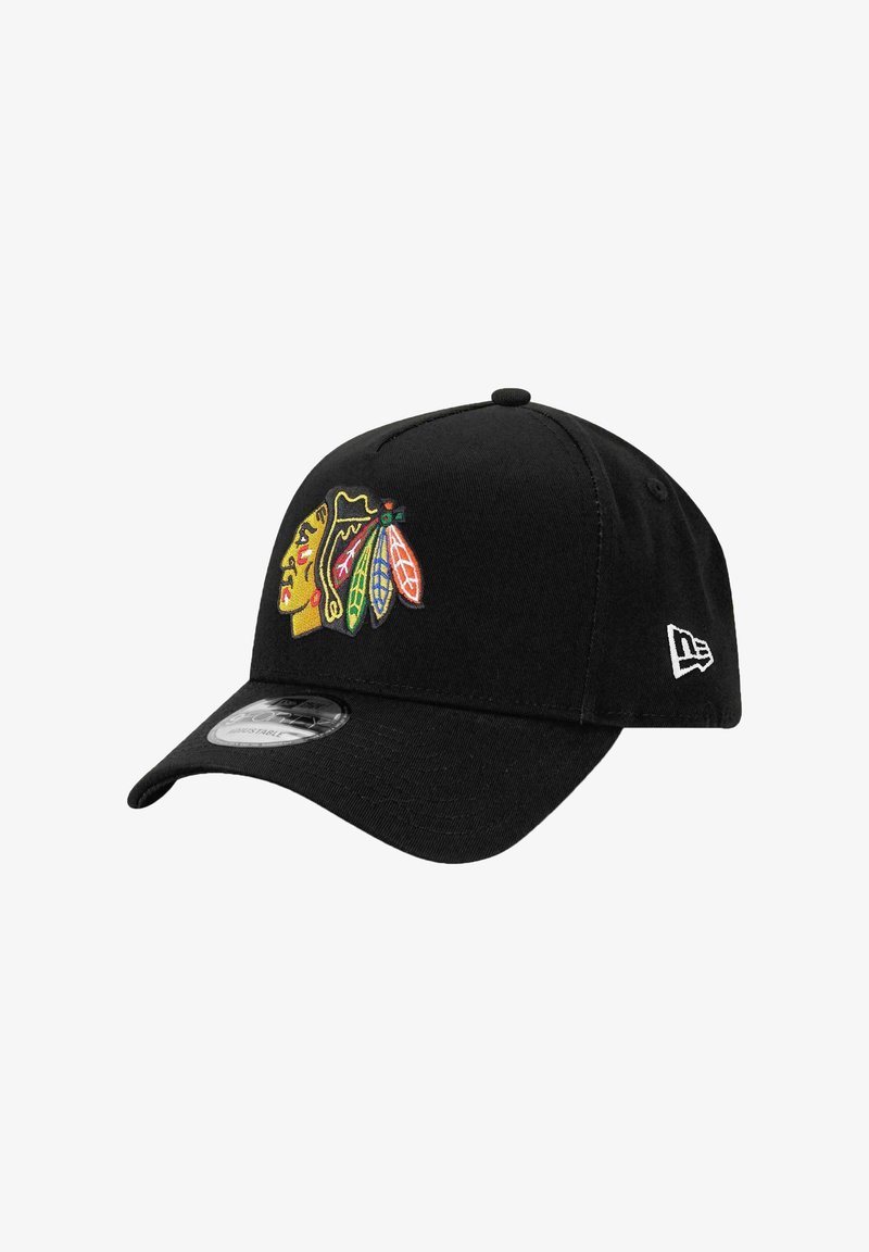 Black baseball cap with an embroidered logo featuring a Native American face and colorful feather accents. Made of cotton, sturdy design, curved brim.