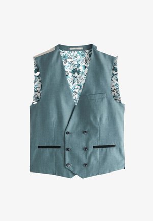 Teal vest with a floral-patterned inner lining. Features double-breasted buttons, a chest pocket, and black accents on side pockets.