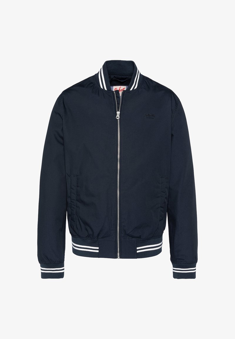 Veste bomber marine avec col, poignets et ourlet en côte rayés blancs, fermeture éclair à l'avant, poches latérales et logo discret sur la poitrine.
