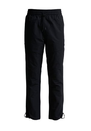 Zwarte casual broek met elastische tailleband en trekkoorden bij taille en enkels, rechte pasvorm, zonder zichtbare logo's of patronen.