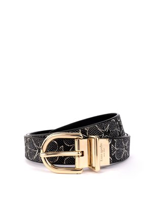 Zwarte riem met wit abstract patroon en een goudkleurige metalen gesp met de gravure "kate spade new york".