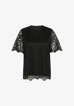 Top din dantelă neagră cu mâneci scurte, modele florale texturate, margini ondulate și corp solid negru.