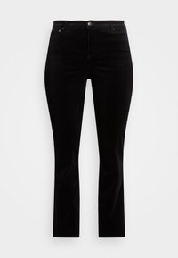 Sorte kordfløyelsjeans med straight fit, med beltesløyfer, frontlommer og knappestolpe. Glatt tekstur med vertikale ribber.