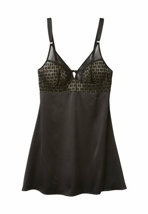 Nuisette en satin noir avec des accents en maille transparente, dotée d'un corsage en dentelle à motifs, de bretelles réglables et d'un décolleté en V.