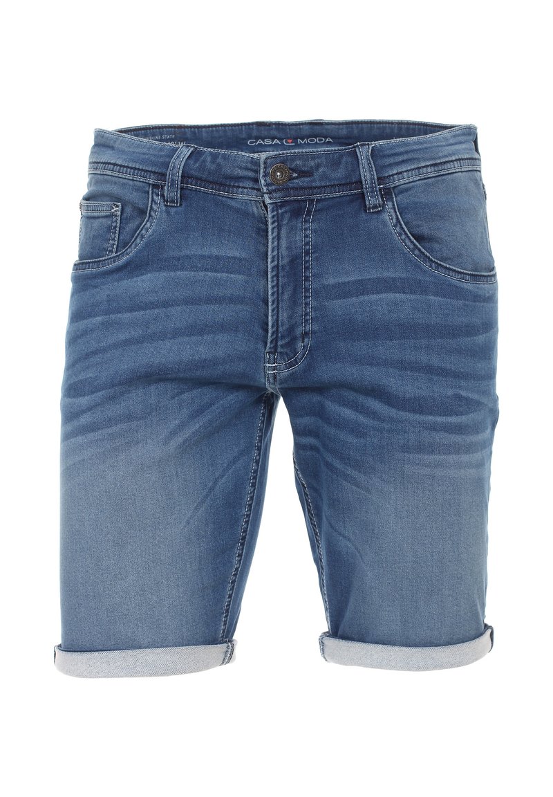 Blaue Denim-Shorts mit gerolltem Saum, fünf Taschen-Design und einem verblassten Textur. Mit Knopfverschluss und Gürtelschlaufen an der Taille.