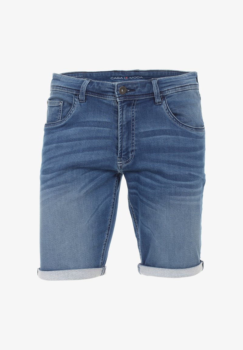 Blaue Denim-Shorts mit gerolltem Saum, fünf Taschen-Design und einem verblassten Textur. Mit Knopfverschluss und Gürtelschlaufen an der Taille.
