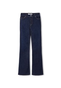 Jeans acampanados de color azul oscuro, hechos de denim con una textura suave. Cuenta con un cierre de botón en la parte delantera, cinco bolsillos y costuras de contraste.
