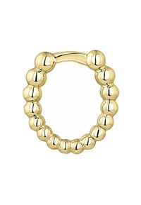 Anillo de oro con un diseño circular y cuentas esféricas huecas espaciadas uniformemente alrededor de la banda, creando una textura suave y pulida.