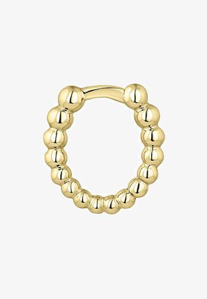 Anillo de oro con un diseño circular y cuentas esféricas huecas espaciadas uniformemente alrededor de la banda, creando una textura suave y pulida.