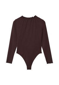 Body a maniche lunghe in marrone scuro, realizzato in tessuto morbido. Presenta un colletto arricciato e un design aderente con maniche affusolate e una gamba alta.