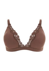 Brown bra with lace detailing along the edges, smooth fabric, adjustable straps, and a branded band at the bottom. Wireless design.