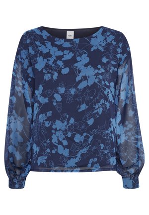 Navyblauwe blouse met een bloemenprint in lichtblauw, voorzien van lange pofmouwen en een ronde halslijn. Gemaakt van doorschijnende stof.