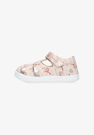 Sandalo per bambino piccolo rosa chiaro con stampa floreale, cinturino in velcro, design a punta aperta e suola in gomma bianca.