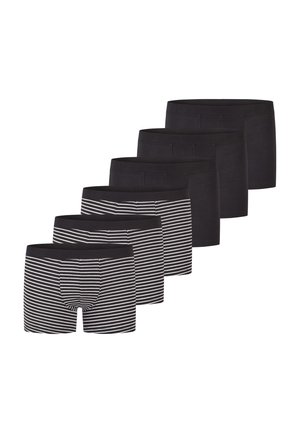 Pakket van zes boxershorts in zwart, met twee paar die witte horizontale strepen hebben. Zachte stof, elastische tailleband, standaard pasvorm.