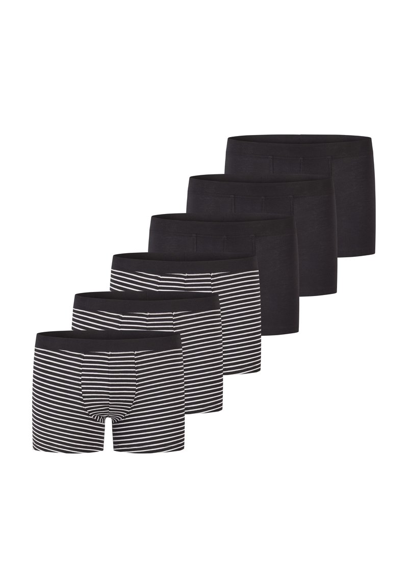Sex stycken kalsonger i svart, där två par har vita horisontella ränder. Mjuk tyg, elastisk midjeband, standard passform.