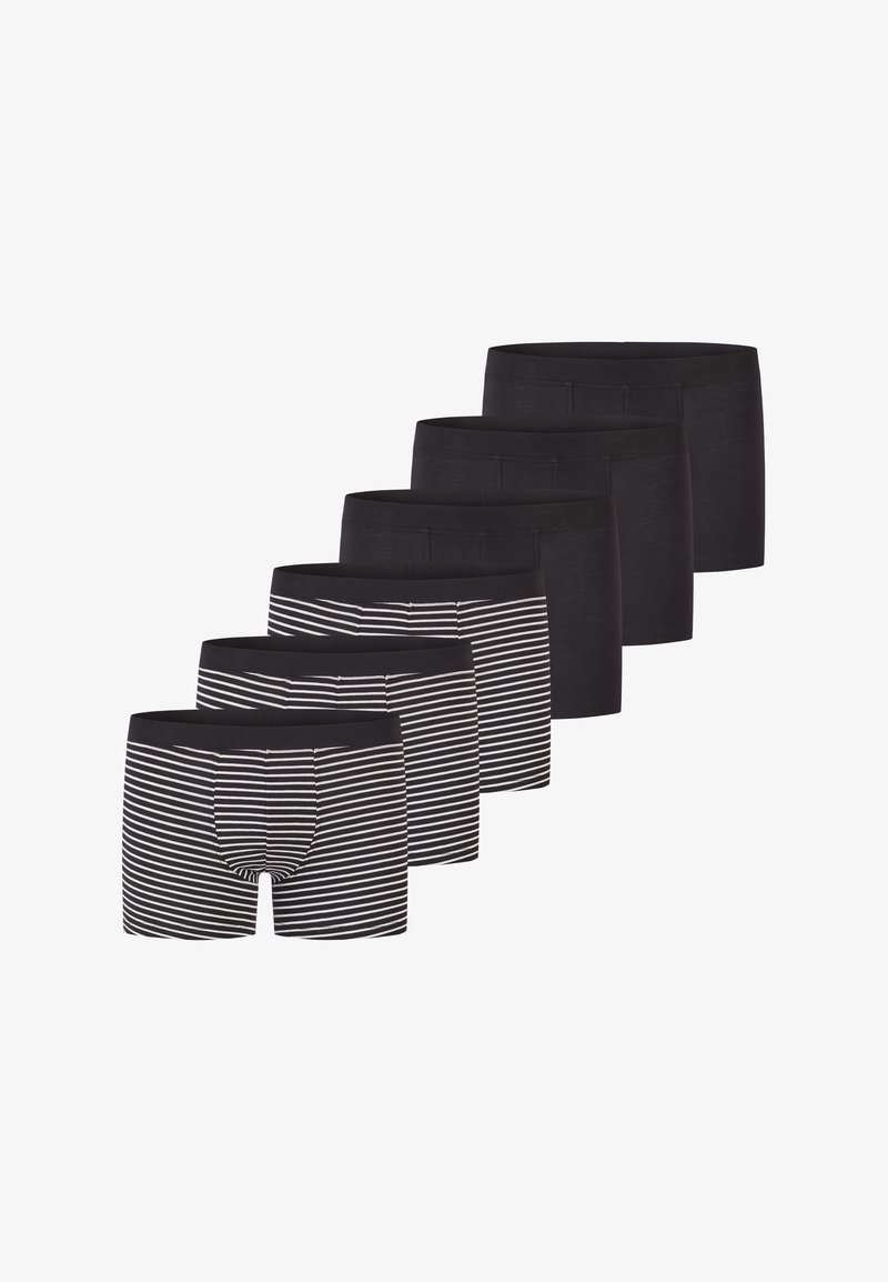 Sechser-Pack Boxershorts in Schwarz, wobei zwei Paare mit weißen Horizontalstreifen versehen sind. Weicher Stoff, elastischer Bund, normale Passform.