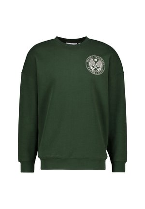 Dunkelgrüner Sweatshirt aus Baumwolle, mit rundem Ausschnitt, überschnittenen Schultern und einem kreisförmigen Grafikdesign auf der linken Brust.