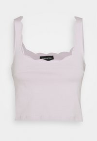 Lavender cropped tank top with scalloped neckline and thick straps. Made of soft material with a smooth texture. Brand label visible.
