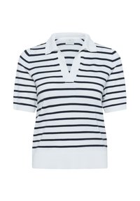 Lühikeste varrukatega polo sviiter valge värviga, millel on tumesinised horisontaalsed triibud, v-kaeluse disain ja lihtne valge krae. Pehme, kudumise tekstuur.