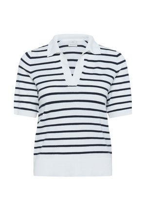 Pull polo à manches courtes en blanc avec des rayures horizontales bleu marine, présentant un décolleté en V et un col blanc uni. Texture douce et tricotée.