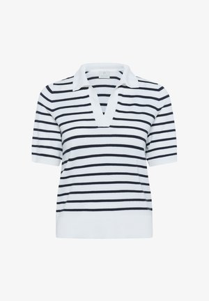 Korte mouw polo trui in het wit met marineblauwe horizontale strepen, voorzien van een v-hals en een eenvoudige witte kraag. Zachte, gebreide textuur.