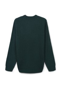 Maglione verde scuro a maglia con maniche lunghe e polsini e fondo a costine, visualizzato piatto su uno sfondo bianco.