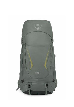 Gray Osprey Kyte 68 hiking backpack with multiple straps, buckles, and yellow accent lines on front panel.