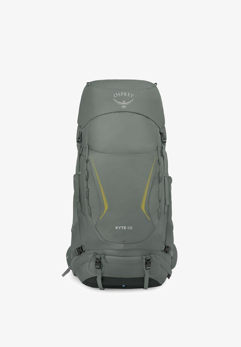 Sac à dos de randonnée gris Osprey Kyte 68 avec plusieurs sangles, boucles et lignes d'accent jaunes sur le panneau avant.