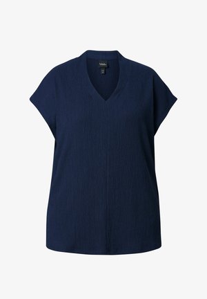 Tummansininen lyhythihainen pusero V-pääntiellä ja teksturoidulla kankaalla, väljä istuvuus, ja merkin logo kauluksen sisäpuolella.