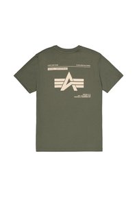 Olivgrünes Baumwoll-T-Shirt mit Rundhalsausschnitt, großem beigem Grafiklogo und Textdetails auf der Rückseite, kurzen Ärmeln und geradem Saum.